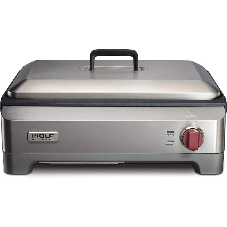 Plancha eléctrica de precisión, parrilla interior, 200 pulgadas cuadradas, revestimiento antiadherente, control de temperatura avanzado, acero inoxidable, perilla roja (WGGR100S)