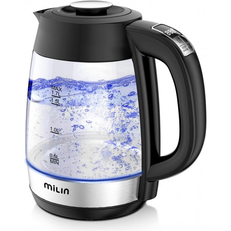 Hervidor de agua caliente eléctrico, Milin Tea Kettle Electric con control de temperatura, 1500W Hervidor eléctrico con pantalla LED 1.7L / 8 tazas, Caldera de agua sin BPA Apagado automático y anti-secado
